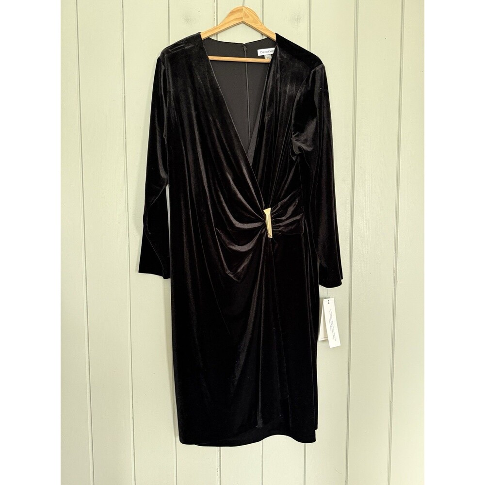 NWT Calvin Klein Velvet V-Neck Dress Gold V-Bar Side Ruching 18W Black NEW